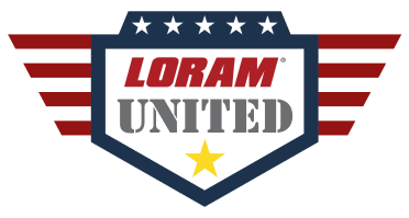 A badge with stripes coming from the sides and five stars at the top with Loram United and a star inside it